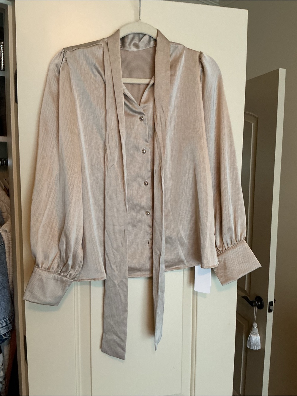 Tie-Neck Satin Blouse Jacket in Taupe